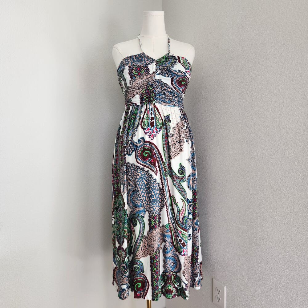 Soma White Paisley Print Halter Neck Soft Jersey Midi Bra Dress Pockets M